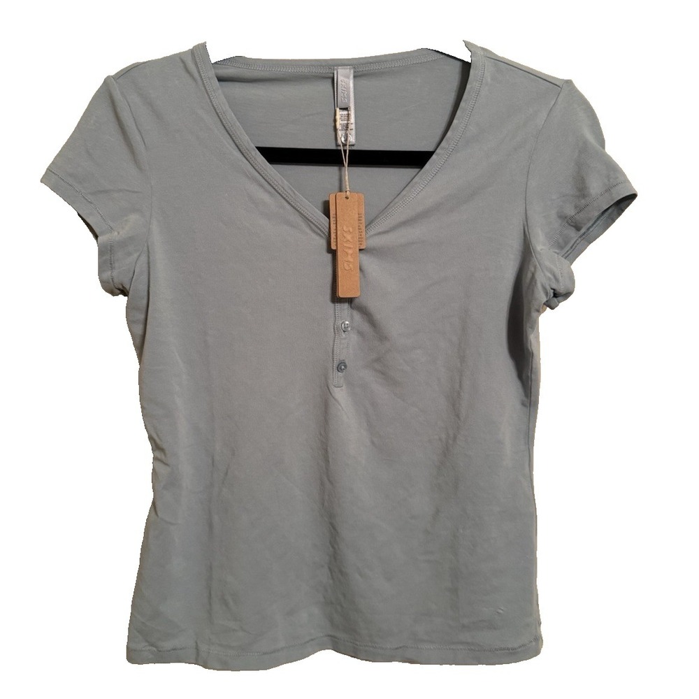 SKIMS Women's New Vintage Henley T-Shirt Size L Denim (Blue) NEW Retail $58